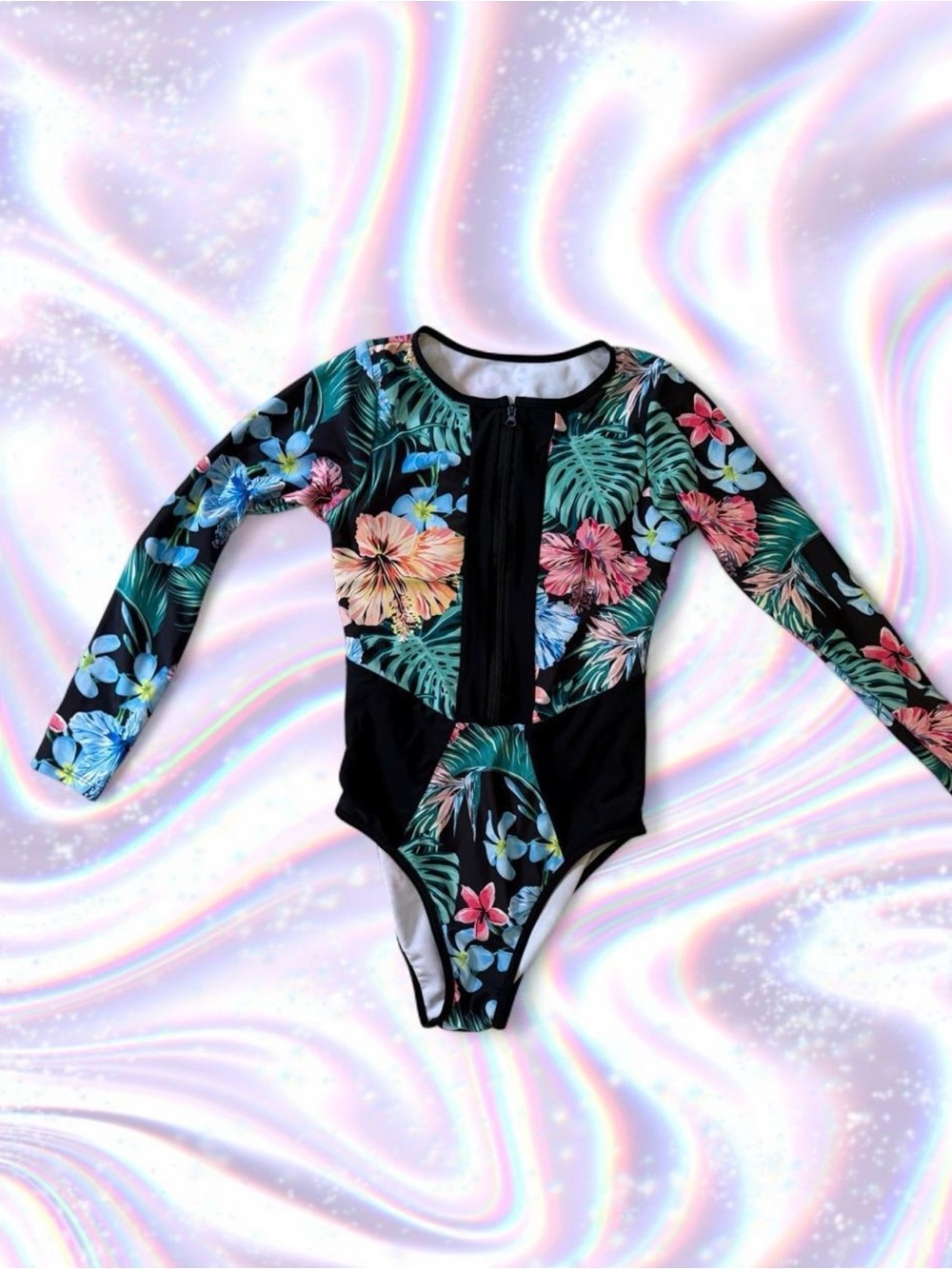 Floral Long-Sleeve One-Piece Swimsuit - Black with Tropical Print